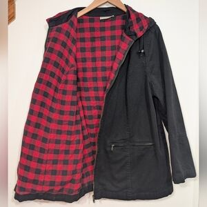 Woman Within 18/20 Large Black Denim Jacket Red Flannel Lined Relaxed Fit Plus